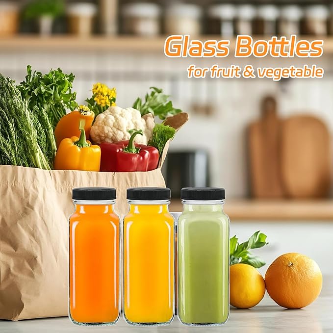 12 Pack 8oz Glass Juice Bottles with Lids, 250ml Reusable Glass Juicing Bottles, Square Drinking Jars Drink Containers with Caps for Water, Milk, Ginger, Kombucha, Beverages
