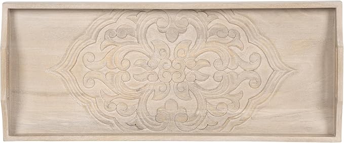 Kate and Laurel Adhira Carved Decorative Rectangle Tray, 24 x 10, Natural Wood, Traditional Display Tray with Handles and Hand Carved Wooden Pattern