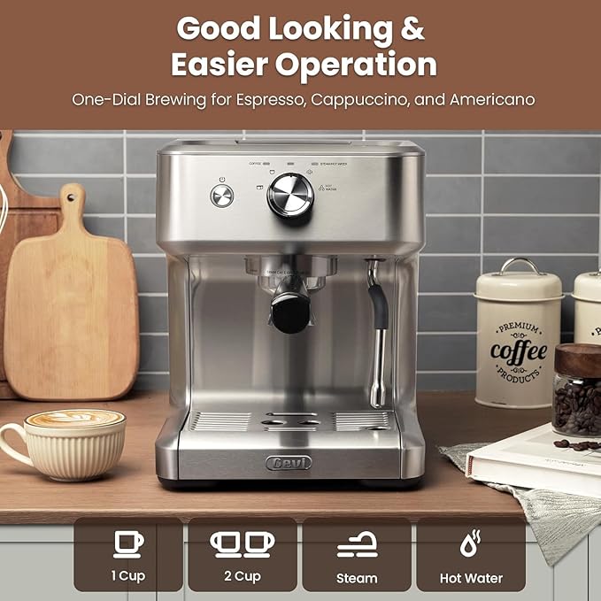 Gevi 58mm Commercial Grade Espresso Machine with PID Temp Control, Adjustable Shot/Temp, Powerful Steam Wand & Barista Kit - Ideal for Home & Café (EzBru 1000)