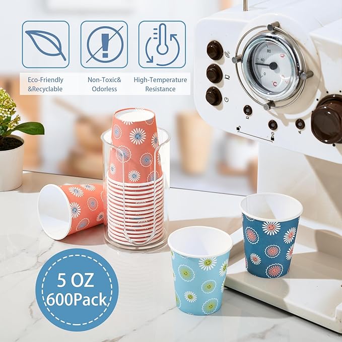 [600 Pack 5 oz Paper Cups, Disposable Bathroom Cups, Small Mouthwash Cups, Hot/Cold Beverage Drinking Mini Cup for Party, Picnic, BBQ, Travel (Daisy)