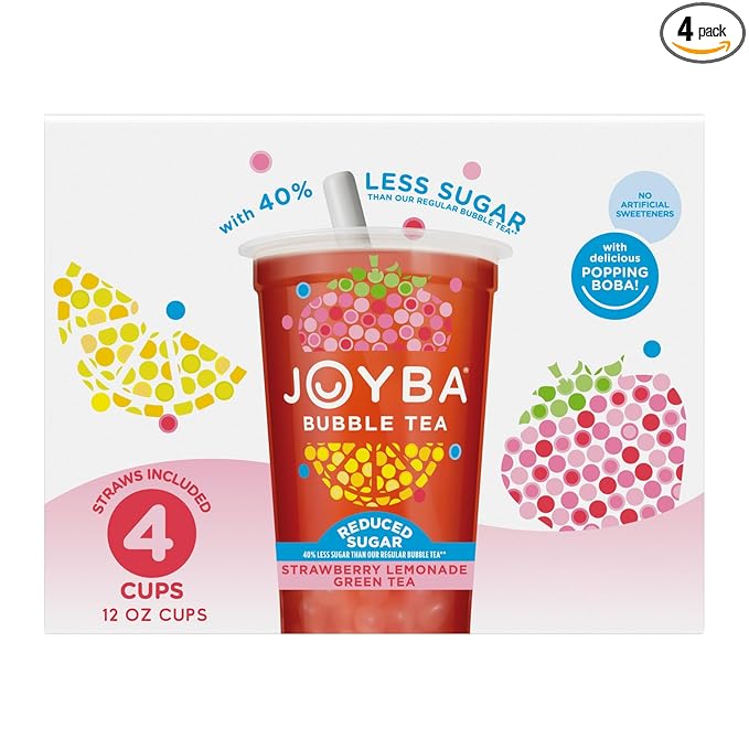 Joyba Reduced Sugar Strawberry Lemonade Flavored Green Bubble Tea, 4 Pack,12 fl oz. Cups