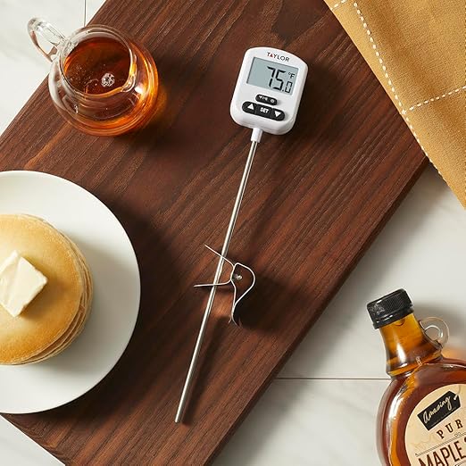 Taylor Programmable Digital Candy and Deep Fry Thermometer with Green Light Alert Display, Long Stem, and Adjustable Pan Clip, White