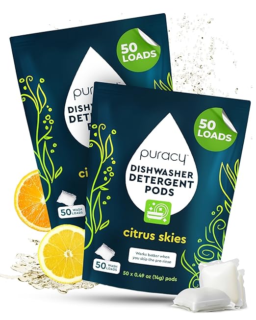 Puracy Dishwasher Pods, Natural Dishwasher Detergent, Citrus Skies Dish tabs - Enzyme-Powered, Spot & Residue Free - TikTok Trend Items, Must Haves from TikTok (Citrus Skies, 50 Count - 2 Pack)