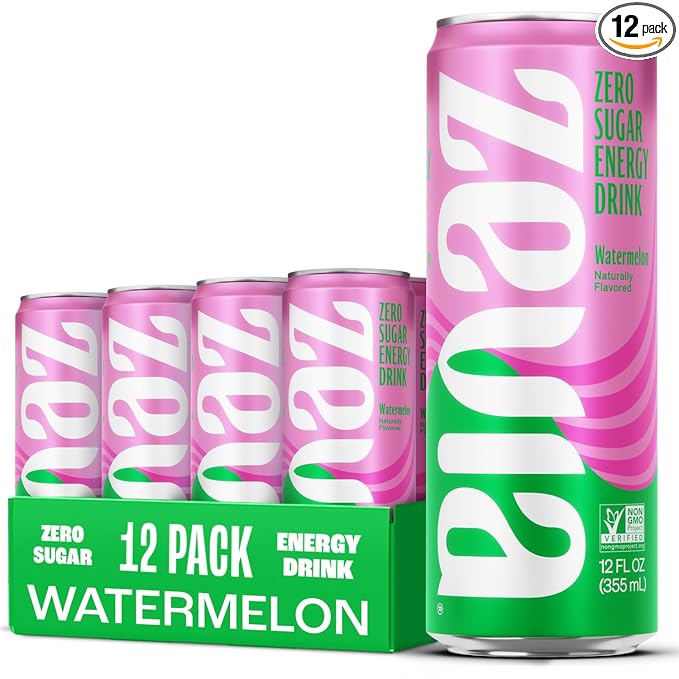 Zevia Zero Sugar Energy Drink, Watermelon, 12 oz Cans (12-Pack) – Naturally Sweetened, Non-GMO Project Verified, Gluten-Free, Vegan