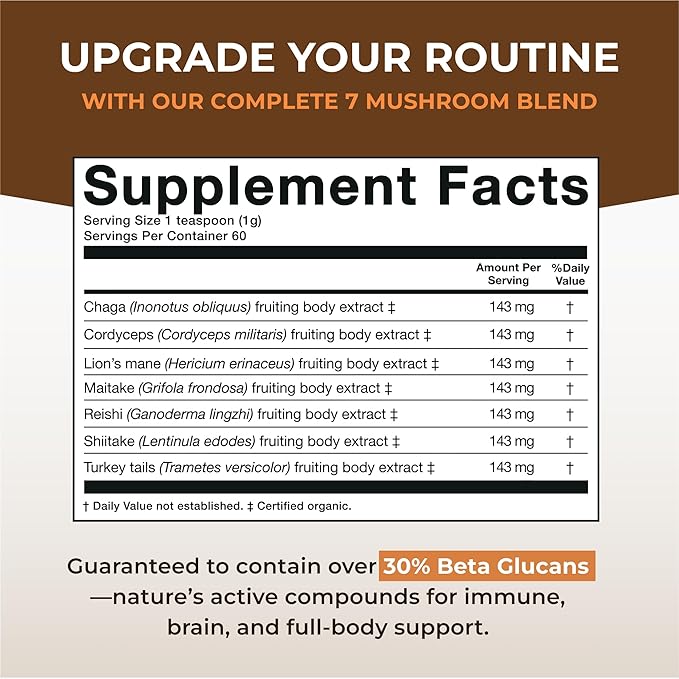 Naturealm Sacred 7 Organic Mushroom Supplement – 100% Fruiting Body Extract Powder with Lions Mane, Reishi, Chaga & More | Nootropic & Immune Support for Coffee, Tea, Smoothies – 60 Servings