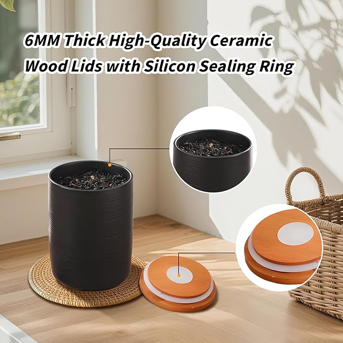 Food Storage Jar Strong Ceramic Storage Canisters with Airtight Wooden Lid,Kitchen Storage Containers for Serving Coffee Beans, Tea, Sugar, Salt, Spices (Little black)
