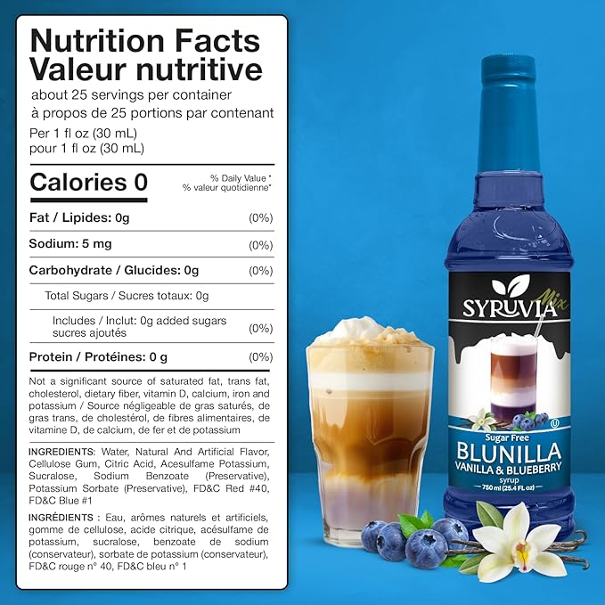 Syruvia Sugar Free Coffee Syrup, BLUNILLA Syrup, Vanilla Blueberry Flavored Syrup for Drinks, Lattes, and Desserts – 25.4 fl oz