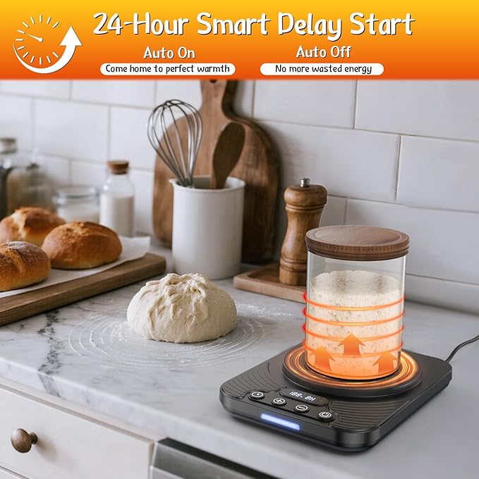 Sourdough Starter Warmer – Precise 1°F Thermostat (70–110°F), Warming Mat with 24H Timer & Auto On/Off Memory, Ideal for Bread Fermentation & Yogurt