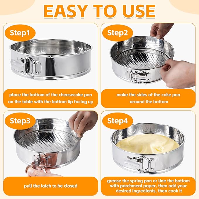 Aufind Springform Cake Pan 9 Inch, 304 Stainless Steel Baking Pan with Removable Bottom, Leakproof Nonstick Design Includes 12 Piping Tips, Silicone Mold and 50 Parchment Papers (9" Cake pan)