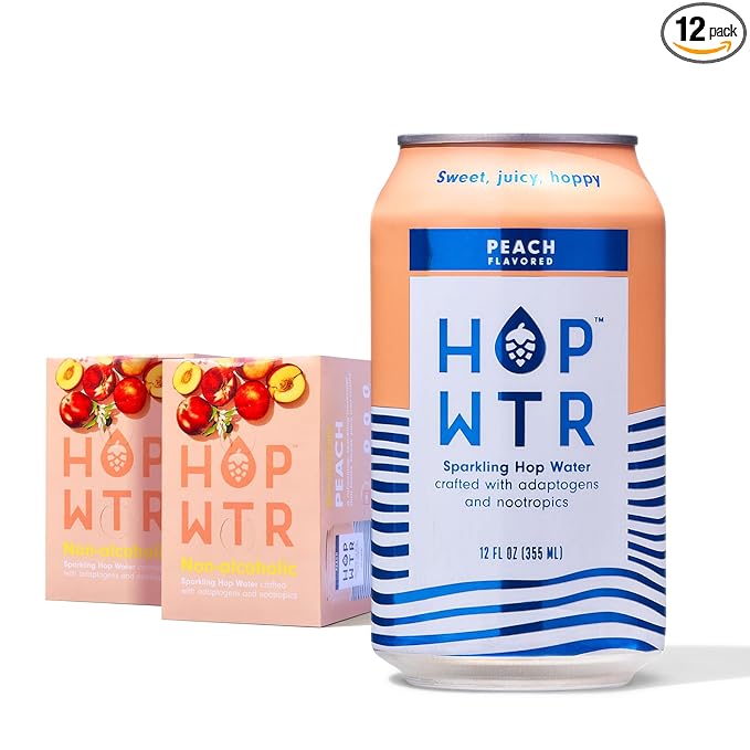 HOP WTR Sparkling Hop Water, Peach 12 Pack, Sugar Free, Low Carb Non Alcoholic Drinks, NA Beer, Adaptogen Drink, No Calories, Adaptogens & Nootropics for Added Benefits, 12 oz Cans