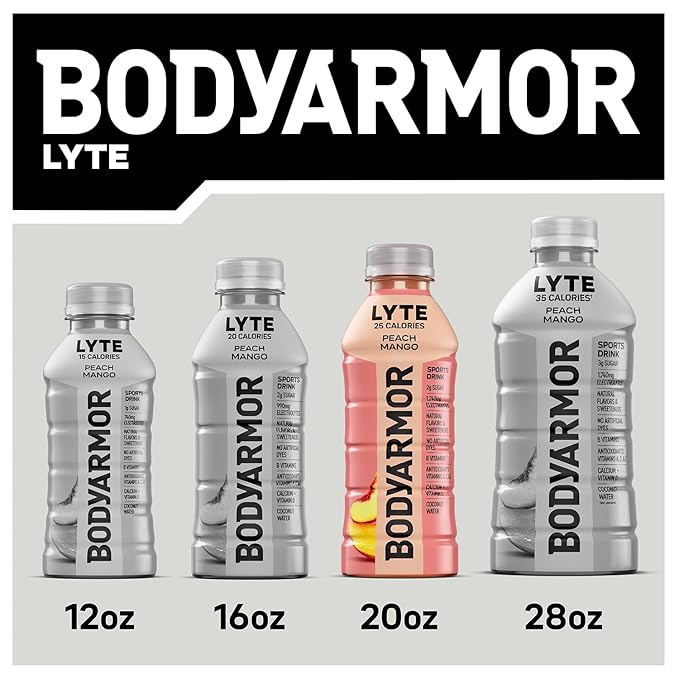 BODYARMOR LYTE Sports Drink Low-Calorie Sports Beverage, Peach Mango, Coconut Water Hydration, Natural Flavors With Vitamins, Potassium-Packed Electrolytes, Perfect For Athletes, 20Fl Oz (Pack of 6)