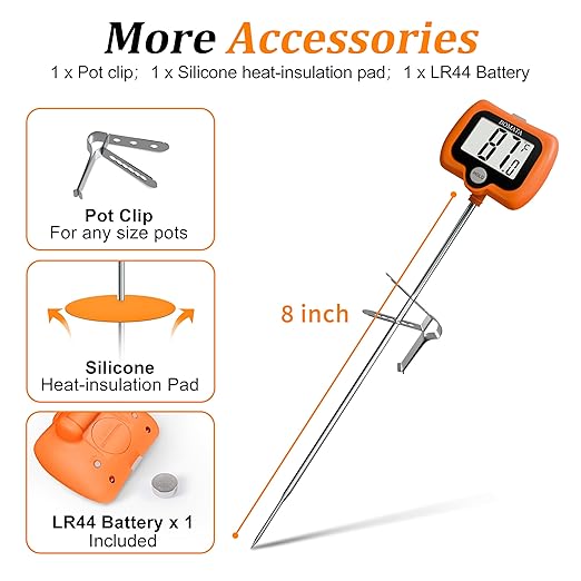 BOMATA Candy Thermometer with Pot Clip, Instant Read Cooking Thermometer with 8" Long Probe, Rotating Display, for Candy Making, Food, Candle Making, Liquids, Water, Baking, Sugar, Grilling. Orange