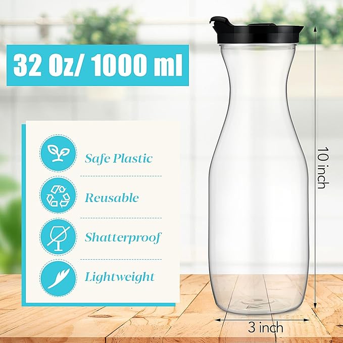 Gejoy 24 Pcs Plastic Water Carafe with Lids 32 oz Clear Juice Pitchers for Mimosa Bar Drinks Milk Iced Tea Beverage Containers for Home Restaurant School Fridge, Not Dishwasher Safe (White,Black Cap)