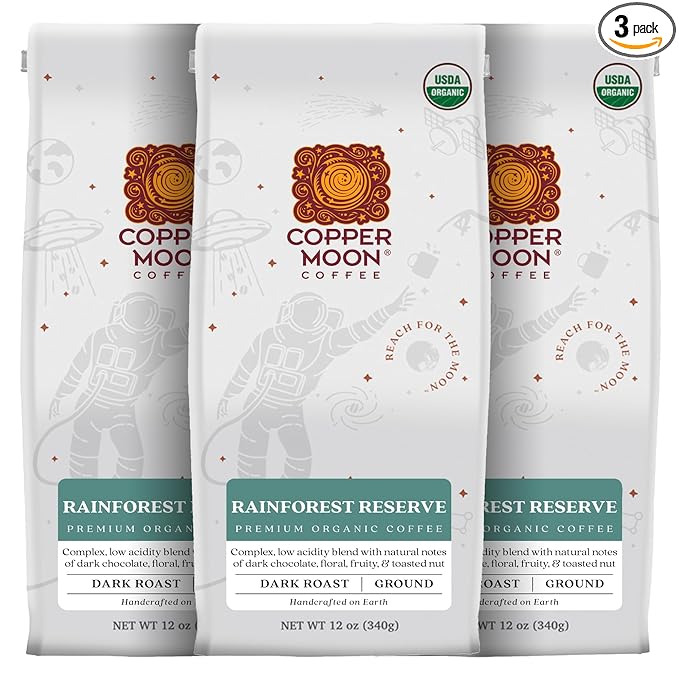 Copper Moon Ground Coffee, Organic Rainforest Reserve, Dark Roast, 3 Bags (12 oz. Each)
