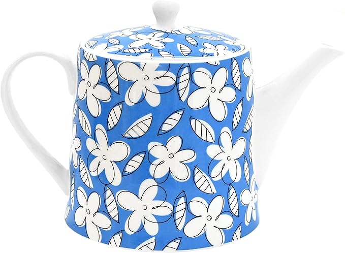 Romero Britto Bone China Coffee & Tea Pot, 28.7 oz, Blue Flowers, Floral Artwork Design