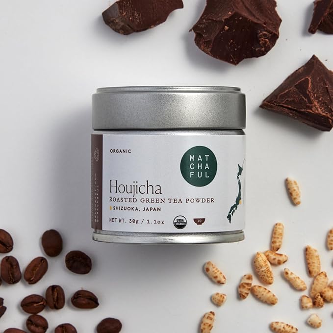Matchaful Houjicha Powder - Organic Roasted Green Tea Powder - Smooth and Earthy with Flavor Notes of Coffee, Puffed Rice, Cacao - Enjoy Hot or Iced - 30g Tin