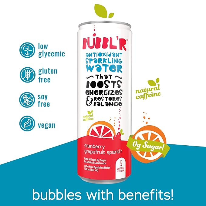 BUBBL'R cranberry grapefruit sparkl'r, Antioxidant Sparkling Water with Natural Caffeine, 0g Sugar, Gluten Free, All Natural Flavors, 12 Fl Oz Cans, 12 Count