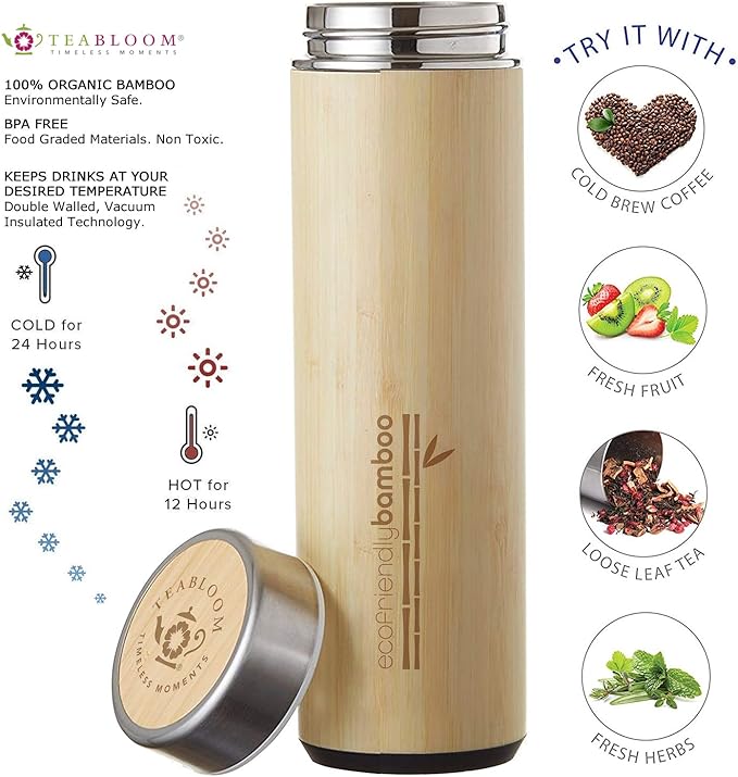 Teabloom All-Beverage Travel Tumbler – Large Capacity 17 oz / 500 ml – Insulated Thermos Mug – Eco-Friendly Bamboo – Hot and Cold Tea Infuser – Cold-Brew Coffee – Fruit-Infused Water – The Naturalist