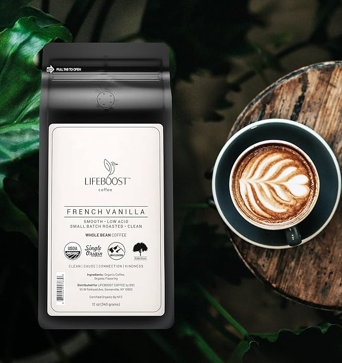 Lifeboost Whole Bean French Vanilla Coffee - Low Acid Single Origin Non-GMO Organic Coffee - Third Party Tested For Mycotoxins & Pesticides - 12 Ounces