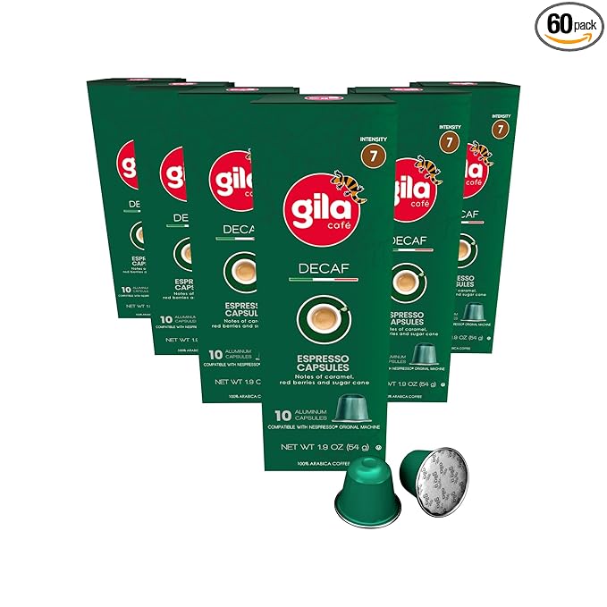 GILA Cafe Decaf aluminun coffee capsules compatible with Nespresso Original Machines Pack (6 pack x 10), 60 count