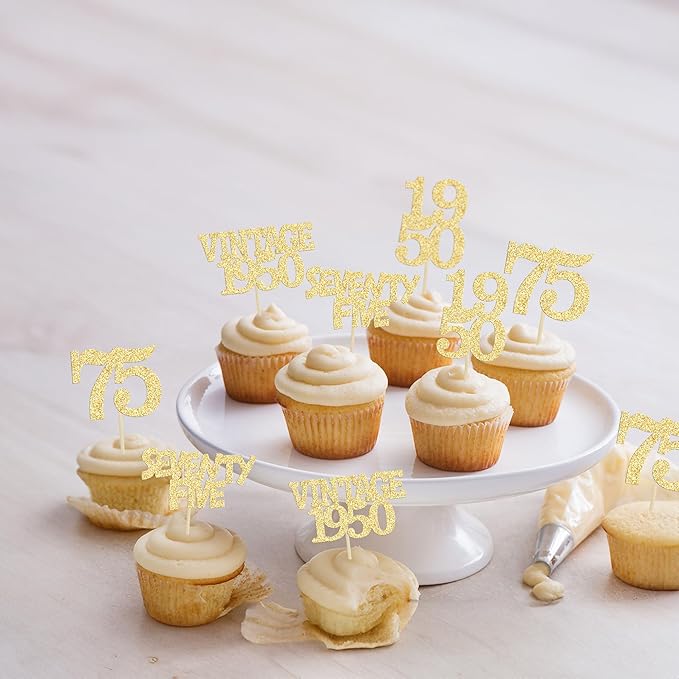 Gyufise 24Pcs 75th Birthday Cupcake Toppers Glitter Cheers to 75 Fabulous Seventy Five Vintage 1950 Cupcake Picks 75th Birthday Wedding Anniversary Party Cake Decorations Supplies Gold