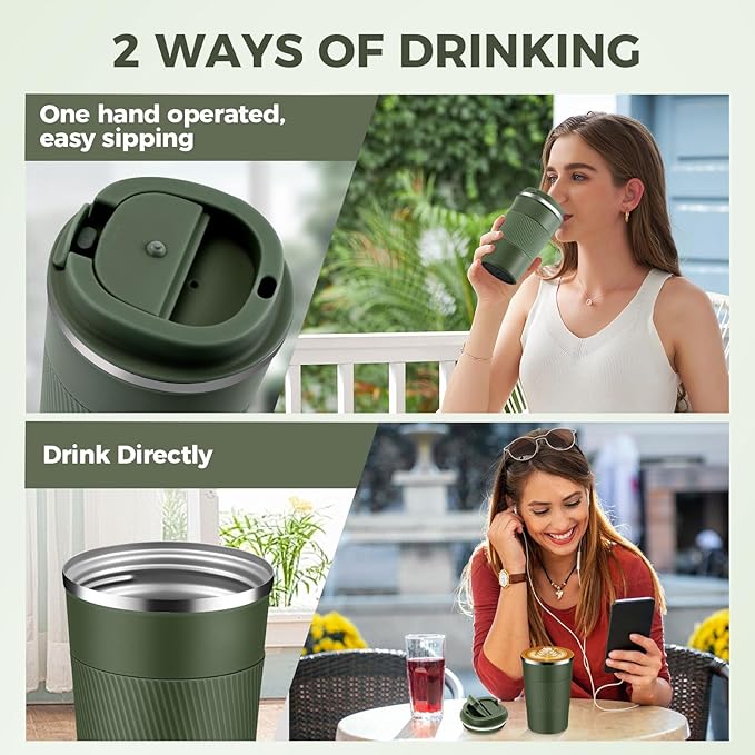 Volhoply 13 oz Stainless Steel Insulated Travel Coffee Mug with Fip Lid Bulk 8 Pack,Reusable Double Wall Vacuum Metal Coffee Cup,Portable Leak Proof Thermal Tumbler for Hot & Cold Drinks(Army Green,8)