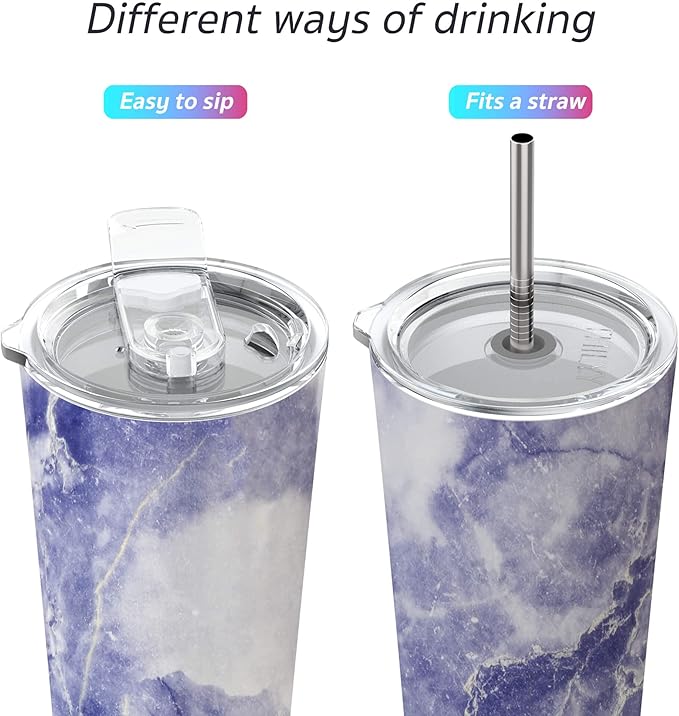 THILY Stainless Steel Vacuum Insulated Tumbler Travel Mug 26 oz Coffee Cup with 2 Lids and Straws, Splash Proof, Keep Ice Drinks Cold, Blue Marble