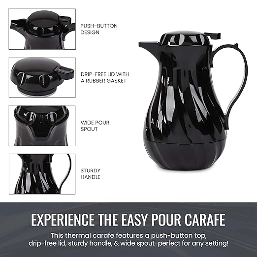 OCS Parts Easy Pour Thermal Coffee Carafe | 8-Inch Insulated Hot and Cold Beverage Pitcher Server for Coffee, Tea, Hot Chocolate and Water with Colored Tags for Easy Idenfication | 20-Ounce | Black