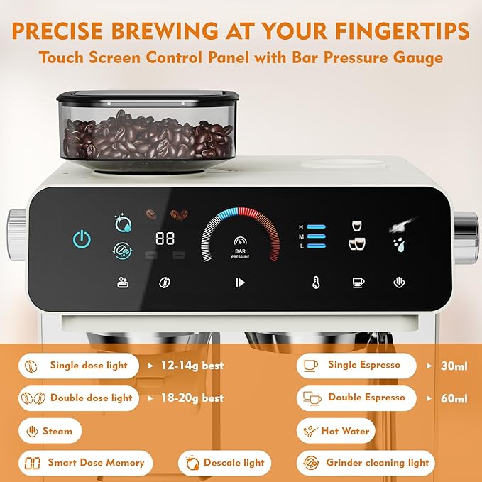 Espresso Machine with Grinder, 20 Bar Professional Espresso Maker with 19 Grind Sizes, Coffee Machine with Milk Frother, 2.8L Removable Water Tank for Latte & Cappuccino