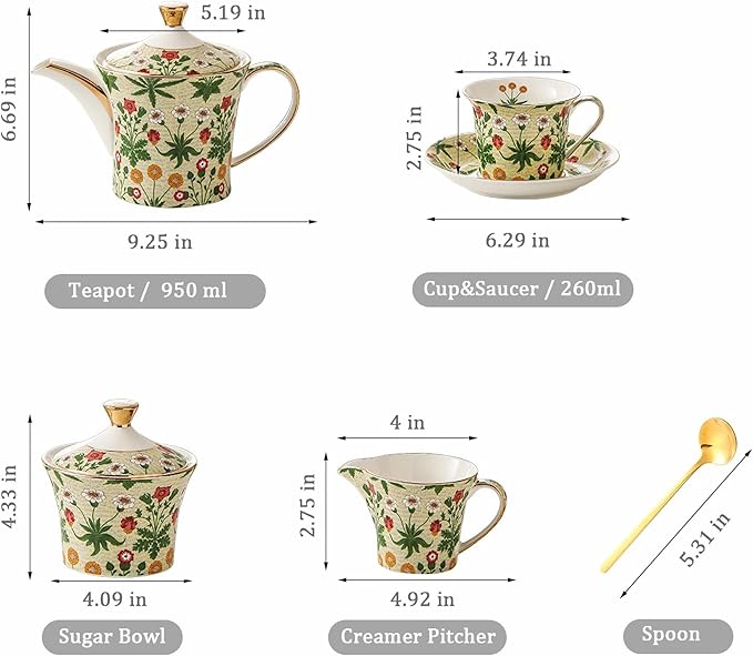 ACMLIFE Tea Set for Adults- Fine China Tea Set for 6, 21-Piece Vintage Coffee Set English Porcelain Tea Pot Sets for Adult Tea Party for Women Gift (Yellow ZF, Extra Large 21)
