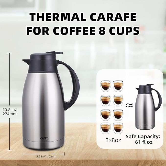GiNT Stainless Steel Thermal Coffee Carafe, Double Walled Vacuum Water and Beverage Dispenser, 12 Hour Heat Retention, 65 OZ /1.9 Liter, Silver
