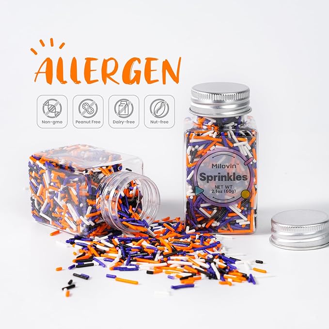 Edible Halloween Sprinkles for Cake Decorating, Halloween Jimmies Sprinkle, Nonpareils Sprinkle, White, Orange, Purple, and Black Sprinkles for Cupcakes, Macarons, Ice Cream, and Cookies