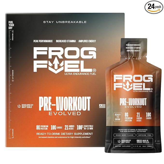 Frog Fuel Ultra Energy Gel & Pre Workout Shot with 1500mg Beta Alanine, Electrolytes 8g Protein Nano-Hydrolyzed Grass Fed Collagen, 10g Carbs, Gluten Free, Fat Free, Berry, 1.2 oz Packets, 24 Pack