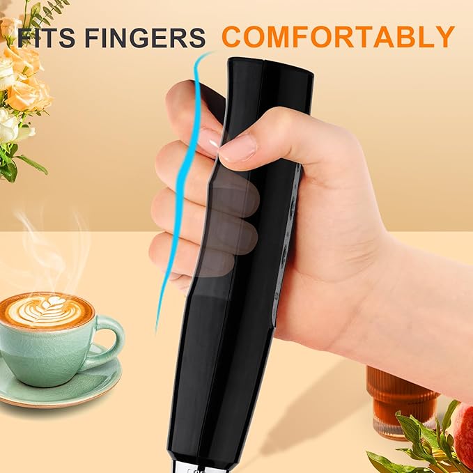 YUSWKO Handheld Milk Frother Wand for Coffee, Rechargeable Electric Whisk with 3 Heads 3 Speeds Drink Mixer Coffee Frother For Latte, Cappuccino, Hot Chocolate, Egg (Without Stand, Light Black)