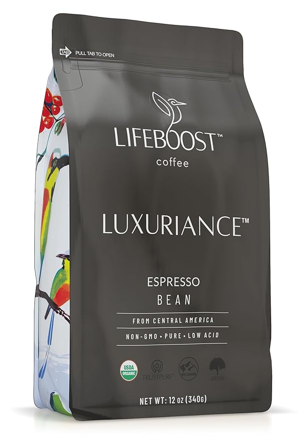 Lifeboost Organic Espresso Beans Whole – USDA Organic, Low Acid, Mold-Free Dark Roast Coffee – Whole Bean, Single Origin, High Caffeine Arabica – 12 oz Bag