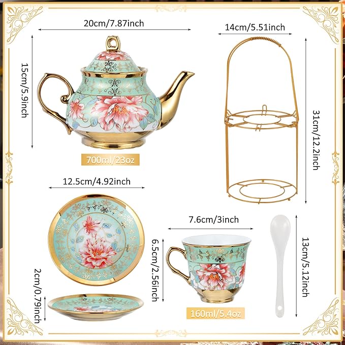 Zhehao 20 Pcs Porcelain Tea Set with Metal Holder and Spoon Adult Ceramic Tea Party Set European Flower Painting Teapot Cup Saucer Spoon Set for Women, Large Version(Fresh Style)