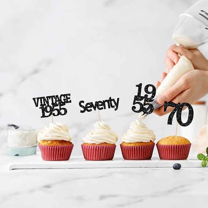 Gyufise 24Pcs Vintage 1955 Cupcake Toppers Glitter Cheers to 70 Fabulous Seventy Cupcake Picks 70th Birthday Wedding Anniversary Party Cake Decorations Supplies Black