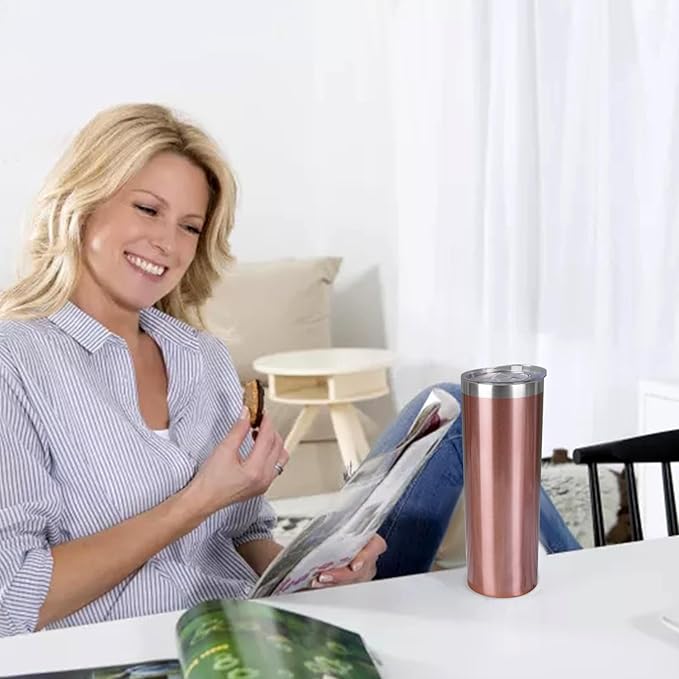 20 oz Skinny Tumblers with Lid and Straw,Stainless Steel Vacuum Insulated Tumbler Cup Double Wall Travel Coffee Mug, Thermal Water Tumbler for Hot and Cold Drinks(Rose Gold,8)