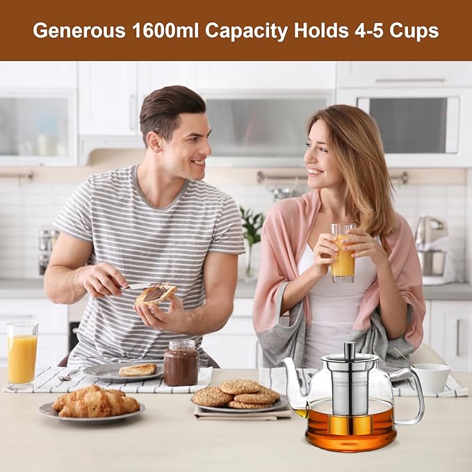 Glass Teapot 1600ml (54oz) - Borosilicate Glass Tea Kettle with Removable Stainless Steel Infuser, Stovetop Safe Heat-Resistant Tea Maker for Blooming and Loose Leaf Tea (1600ml)