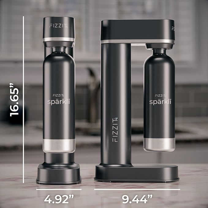 Black Stainless Steel Sparkling Water Maker with 2 CO2 Cylinders & 1L Reusable Bottle