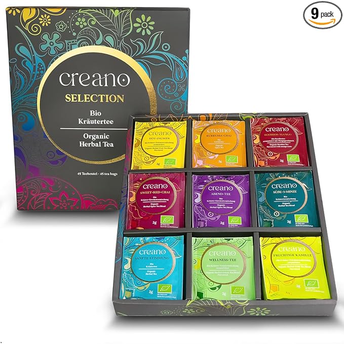 Creano Organic Herbal Tea Gift Set - 45 Organic Tea Bags in 9 Different Varieties - 90 g - Novelty 2023