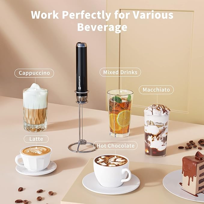 Maestri House Rechargeable Milk Frother with 3 Heads, LunaFro AS Handheld Electric Foam Maker Waterproof Detachable Stainless Steel Whisk Drink Mixer Foamer with Stand for Lattes, Cappuccino, Egg