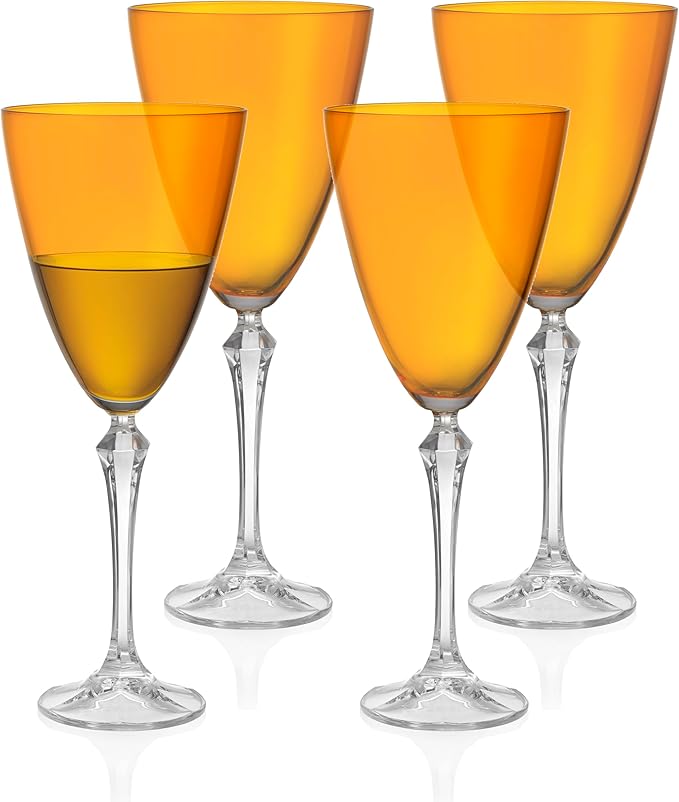 Barski Wine Glass - Set of 4 - Amber Colored Cup - for Water - White or Red Wine - 9 fl. Oz. - Clear Stem - Glasses - Made in Europe