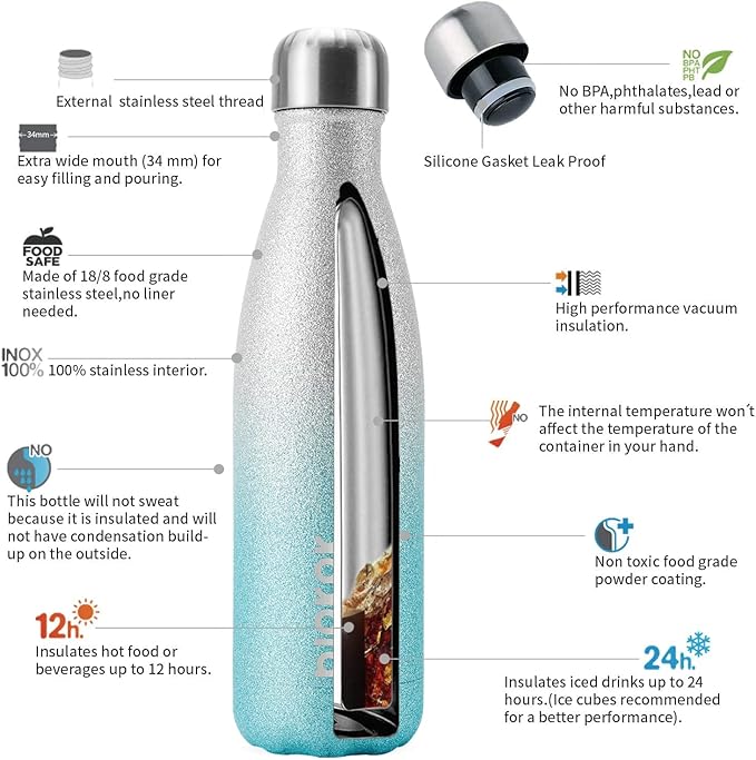 BJPKPK Insulated Water Bottles 17oz Stainless Steel Sports Water Bottles Keep Cold for 24 Hours and Hot for 12 Hours,BPA Free,Glitter Silver Blue