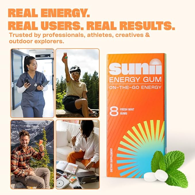 Sunii - Energy Gum - NEW Quick Boost Energy & Focus - 50mg Caffeine Gum -Vitamins B6 & B12, Taurine, Vegan, No Sugar, Zero Calorie, Fresh Mint Taste - Faster than Chews, Drinks, Gels & Pills (24pcs)