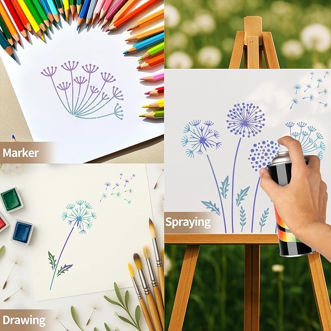 12PCS Large Flower Stencils for Painting 12 x 12 Inch Dandelion Stencil with Brushes Dandelion Floral Stencils for Wood Fence Butterfly Paint Template for Walls Garden Fence Furniture