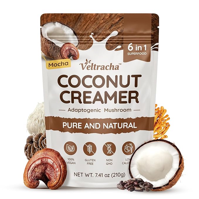 Veltracha Mushroom Coffee Creamer, Superfood Coconut Creamer Powder with 6 Adaptogenic Mushrooms - Reishi, Turkey Tail, Lions Mane, Non-Dairy Coconut Powdered Creamer for Energy & Focus & Digestion, 30 Servings, Mocha
