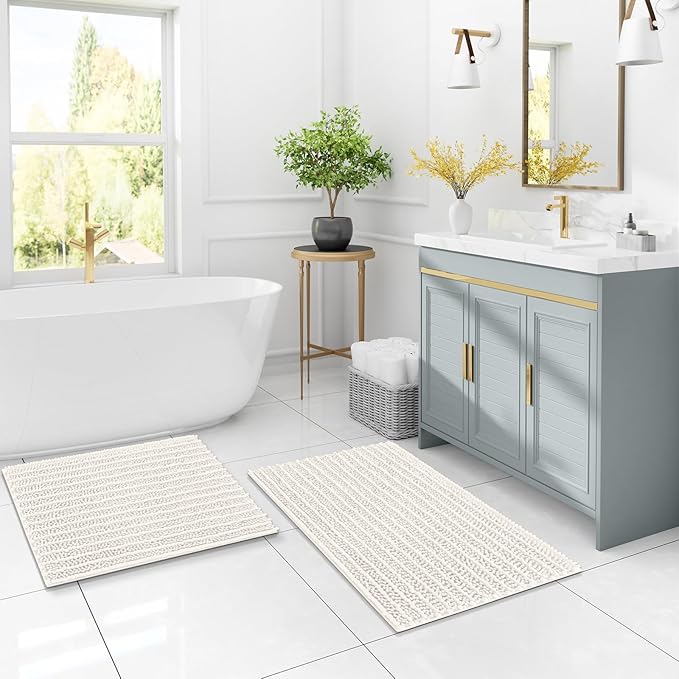 Arotive Luxury Chenille Bathroom Rug Mat, Extra Soft Thick Absorbent Shaggy Bath Rugs, Non-Slip Machine Wash Dry, Plush Bath Mats for Bathroom, Shower and Tub, 50x30, Ivory
