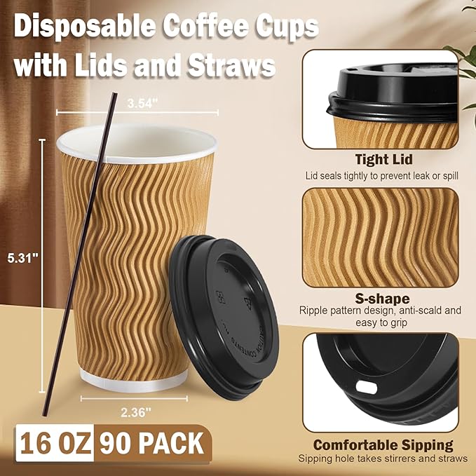 80 Pack 16 OZ Disposable Coffee Cups with Lids and Straws, Insulated Paper Coffee Cups with Lids, Corrugated Ripple Wall To Go Cups for Hot Drink, Coffee, Hot Chocolate, Water, Juice - Champagne