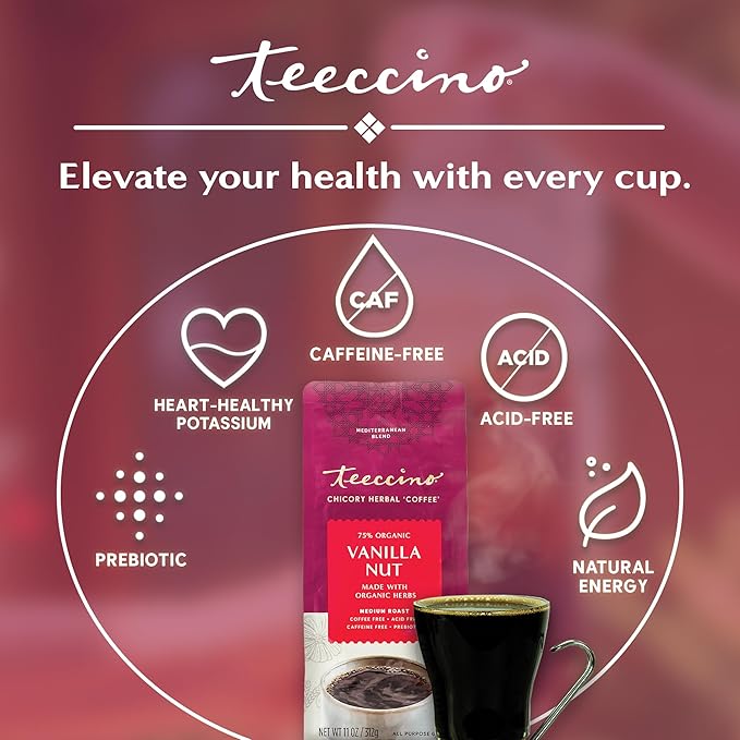 Teeccino Vanilla Nut Chicory Coffee Alternative - 11 Ounce - Ground Herbal Coffee That’s Prebiotic, Caffeine Free & Acid Free, Medium Roast